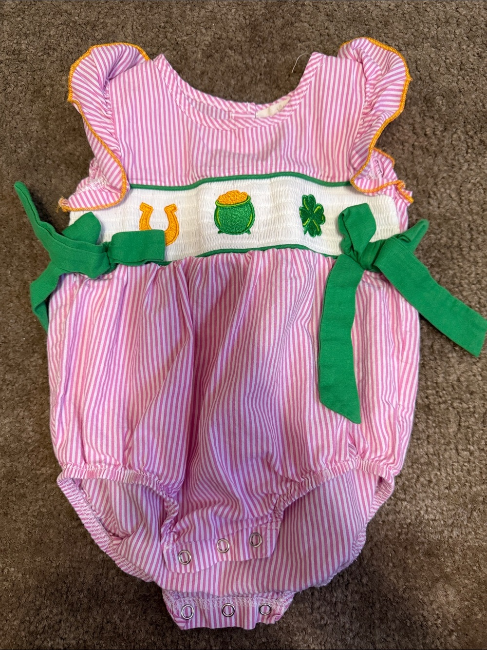 Pink Striped Baby Bubble Romper with Green Accents